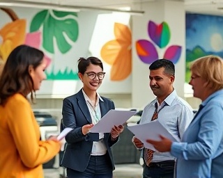 enthusiastic digital marketing coordinator, cheerful, coordinating with design team, photorealistic, open-plan office with creative murals, highly detailed, collaborative discussions and digital sketches, vibrant colors, daylight streaming in, shot with a 70-200mm lens