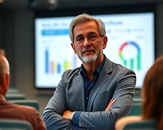 insightful seo consultant, engaging expression, presenting to clients, photorealistic, in a conference room with a projector and charts, highly detailed, animated slide transitions, crystal clear, bold contrasting colors, spotlight lighting, shot with a 70-200mm lens.