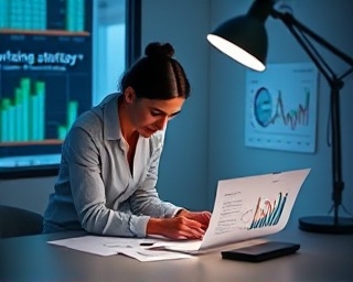 focused marketing strategy manager, reflective, evaluating campaign results, photorealistic, minimalist workspace with analytical reports, highly detailed, computer screen and printed datasets, cool tones, focused desk lamp lighting, shot with a macro lens