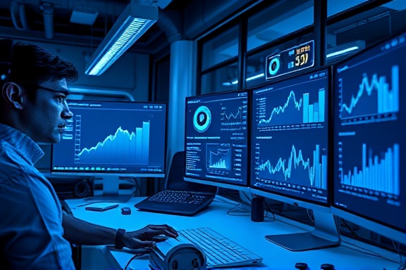 cutting-edge seo tools, thoughtful expression, enhancing digital marketing efficiency, photorealistic, in a tech-savvy workspace with sleek devices, highly detailed, animated statistics on screens, high definition, cool blue tones, overhead lighting, shot with a 24mm lens.