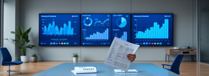 structured analytics report, confident demeanor, compiling comprehensive summaries, photorealistic, minimalistic open office with wall-sized displays, highly detailed, moving charts and graphs, 4k resolution, cool grey and royal blue, soft lighting, shot with a macro lens.