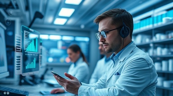 strategic PPC optimization, insightful, analyzing, photorealistic, in a futuristic lab with holographic interfaces, highly detailed, immersive technology, crisp sharpness, silvery with hints of blue, controlled lighting, shot with a tilt-shift lens.