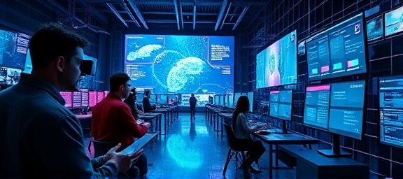 aspirational vision planning, inspired expression, designing pathways with augmented reality tools, photorealistic, concept lab surrounded by virtual screens, highly detailed, dynamic data streams, impeccable sharpness, cyberpunk colors, directional lighting, shot with a telephoto lens.