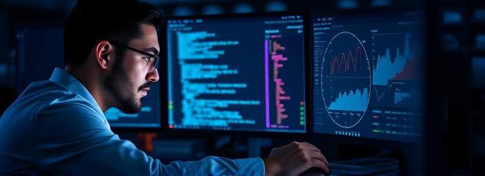 dedicated ecommerce marketing specialist, industrious, optimizing site for SEO, photorealistic, digital workspace with coding screens, highly detailed, snippets of code and algorithm charts, deep blues, LED highlighting, shot with a mirrorless camera