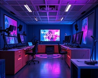 detailed content creation, innovatively designed, producing engaging materials, photorealistic, digital lab with VR sets and creative software, highly detailed, transformative animations and 3D models, 4k resolution, dynamic colors, ambient lighting, shot with a 70mm lens.