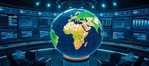 strategic future vision, profound expression, mapping trends on interactive globe, photorealistic, futuristic command center with panoramic screens, highly detailed, flowing data visualizations, exceptional depth, vibrant colors, spotlight effect, shot with a telephoto lens.