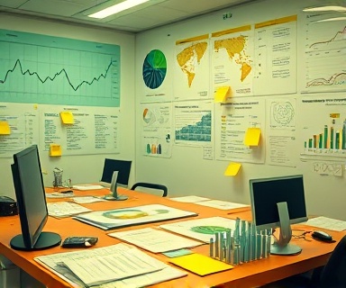 detailed analytics metrics, curious exploration, cross-referencing figures, photorealistic, collaborative workspace adorned with digital prints and post-its, highly detailed, interacting data and graphs, high dynamic range, pastel green and vivid yellow, bright lighting, shot with a wide-angle lens.