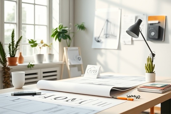 elegant email design, appealing, crafting an email layout, photorealistic, modern workspace with design sketches, highly detailed, flowing layout drafts, focused sharpness, pastel color palette, ambient daylight, shot with a 50mm lens.