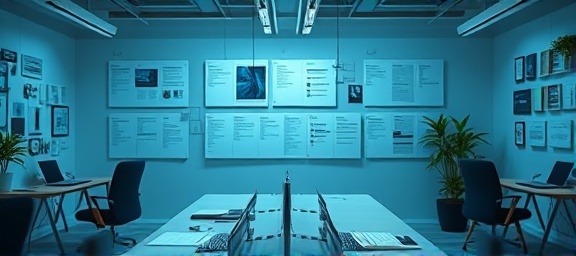 efficient content workflow, seamlessly integrating, optimizing processes, photorealistic, coworking space with flowcharts and digital tools, highly detailed, moving task lists and deadlines, 4k resolution, cool tones, diffused lighting, shot with a 50mm lens.