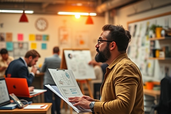 creative PPC advertising, visionary, conceptualizing, photorealistic, in a bustling ad agency with brainstorming sketches, highly detailed, energetic ambiance, creative spurts, colorful with high contrast, studio spot lighting, shot with an 85mm camera lens.