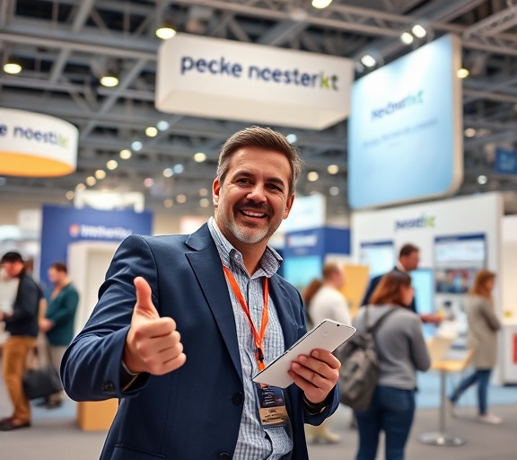 energetic online advertising consultant, persuasive, netwoking at an industry event, photorealistic, exhibition hall with company stands, highly detailed, business cards and promotional materials, corporate colors, spotlight illumination, shot with a 24-70mm lens