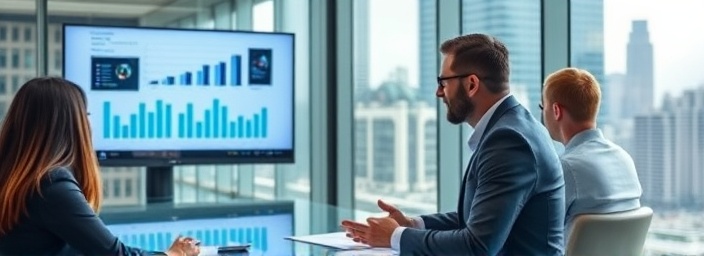 strategic digital advertising executive, confident, leading a team meeting, photorealistic, glass-walled office with city backdrop, highly detailed, presentation slides on LCD screen, corporate blue and white, soft daylight, shot with a telephoto lens
