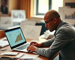 dynamic seo analytics, curious expression, interpreting vast amounts of data, photorealistic, at a table cluttered with printed graphs and notes, highly detailed, real-time updates on a laptop, high resolution, warm earthy tones, diffused sunlight through a window, shot with a 35mm lens.