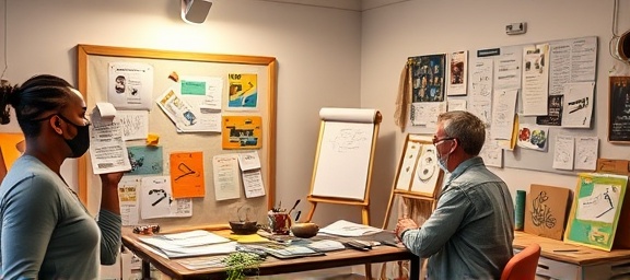 innovative content creation, passionately focused, crafting original ideas, photorealistic, creative studio with mood boards and sketchpads, highly detailed, dynamic brainstorming and concept mapping, 6k resolution, vibrant colors, softbox lighting, shot with a 24mm lens.