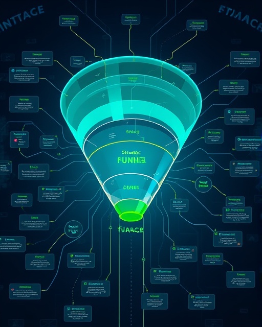 strategic conversion funnel, determined, optimizing user pathways, photorealistic, virtual interface with interconnected nodes, highly detailed, interactive flow diagrams, ultra HD, deep blue and green palette, overhead lighting, shot with a 24mm lens.