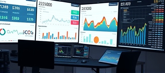 detailed conversion metrics, analytical, reviewing performance indicators, photorealistic, minimalist workspace with screens, highly detailed, scrolling numbers and graphs, HD, monochrome with splashes of color, cool directional lighting, shot with a 70-200mm lens.
