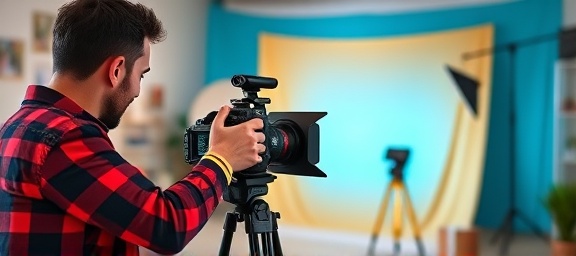 charismatic social media content creator, lively, filming a video blog, photorealistic, bright home studio with creative backdrops, highly detailed, camera and script, vibrant colors, spotlight focused, shot with a mirrorless camera
