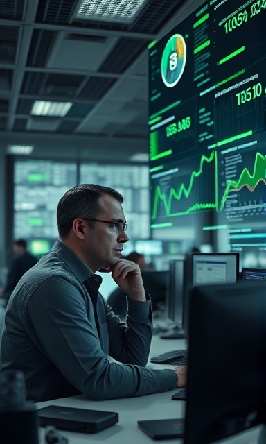 sophisticated analytics data, contemplative expression, sifting through massive datasets, photorealistic, tech-savvy office environment filled with computers and floating holograms, highly detailed, real-time data updates, ultra-high definition, monochrome with green accents, diffused lighting, shot with a 24mm lens.