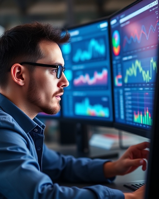 experienced seo optimization, focused expression, analyzing a website's performance, photorealistic, surrounded by large computer monitors with analytic dashboards, highly detailed, streaming data flow, crisp resolution, vibrant colors, soft ambient light, shot with an 85mm lens.