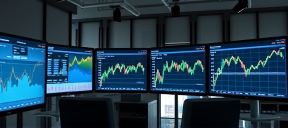 comprehensive content analysis, meticulously reviewed, diving into data, photorealistic, modern office setting with multiple monitors and graphs, highly detailed, fluctuating chart lines and graphs, 4k resolution, neutral tones, spotlight lighting, shot with a 35mm lens.