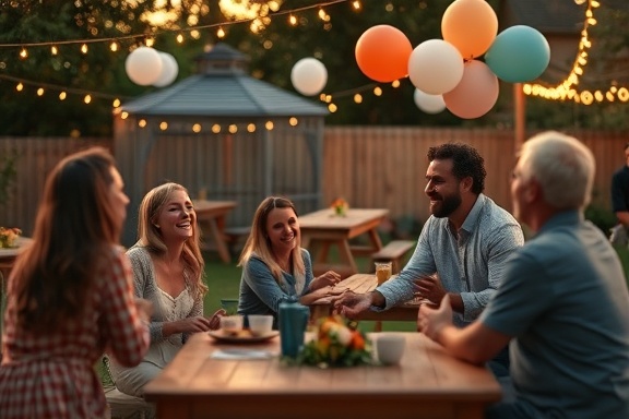 cheerful engagement groups, laughing expressions, diverse group of people playing games, photorealistic, a backyard filled with fairy lights and picnic tables, highly detailed, balloons gently swaying in the wind, moderate depth of field, warm tones, sunset lighting, shot with a 35mm lens.