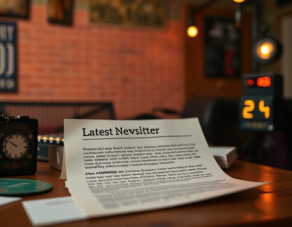 trendy email newsletter, informative, publishing latest updates, photorealistic, creative studio with paper notes, highly detailed, flickering LED indicators, clarity, earthy hues, directional light, shot with an 18mm lens.