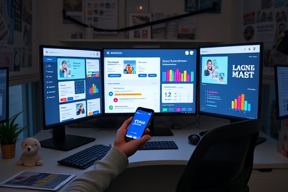 engaging social media marketer, interactive, scheduling posts, photorealistic, compact office with social media dashboards, highly detailed, calendar reminders and smartphone, bright colors, ambient glow, shot with a prime lens