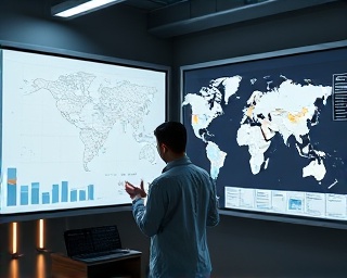 innovative ecommerce strategist, progressive, planning logistics, photorealistic, sleek office with smart displays, highly detailed, maps and markers on digital board, cool greys, LED backlighting, shot with a 35mm lens