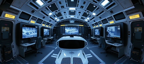 cutting-edge vision planning, inquisitive expression, developing scenarios using virtual reality, photorealistic, immersive tech environment with a 360-degree display, highly detailed, animated VR elements, unparalleled finesse, monochrome and bold accents, dramatic lighting, shot with a fisheye lens.