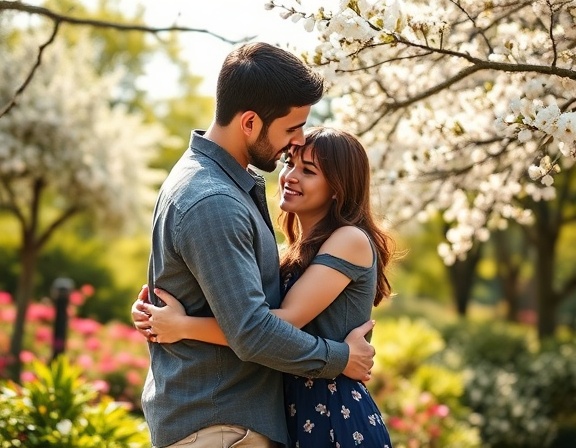 intimate engagement photos, loving expressions, couple embracing each other, photorealistic, a sunlit park with blooming flowers and lush greenery, highly detailed, gentle breeze ruffling the trees, crisp resolution, soft pastel colors, soft diffused lighting, shot with an 85mm lens.