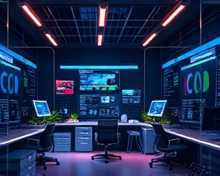 streamlined content workflow, technologically advanced, enhancing efficiency, photorealistic, futuristic workspace with AI tools and process maps, highly detailed, shifting task progression and resource allocation, 8k resolution, sleek tones, LED lighting, shot with a 24mm lens.