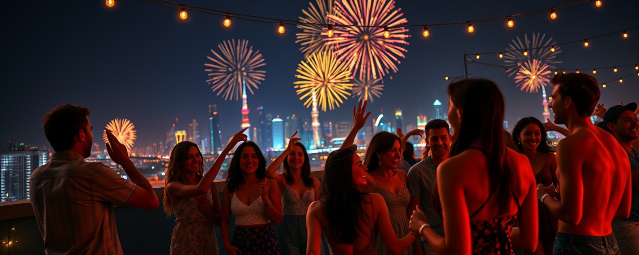 vibrant social engagement, joyful expressions, people dancing under the stars, photorealistic, a rooftop terrace with string lights and a skyline view, highly detailed, firework display in the distance, full resolution, colorful spectrum of colors, evening lighting, shot with a 35mm lens.
