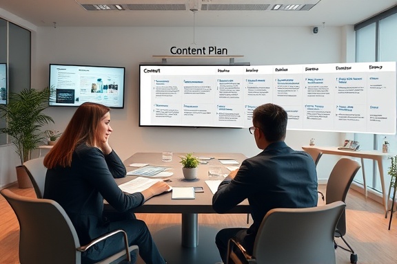 detailed content plan, strategically aligned, outlaying steps, photorealistic, team meeting room with digital screens and notes, highly detailed, active timeline and project phases, 6k resolution, warm colors, natural lighting, shot with a 28mm lens.