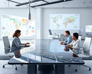 advanced conversion strategies, innovative, creating algorithmic solutions, photorealistic, collaborative environment with digital touch tables, highly detailed, shifting schematic layouts, 10K resolution, bright and metallic shades, soft box lighting, shot with a large format camera.