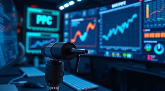 targeted PPC optimization, precise, fine-tuning, photorealistic, in a digital workspace filled with optimization tools, highly detailed, seamless transitions of digital elements, technical clarity, cool tones with sharp accents, LED screen lighting, shot with a wide-angle lens.