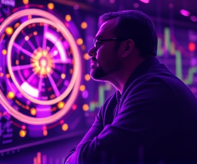 focused analytics insights, insightful concentration, unearthing hidden patterns, photorealistic, futuristic room with abstract art and data streams, highly detailed, swirling data visuals, 16k resolution, vibrant purple with gold highlights, side lighting, shot with a 85mm lens.