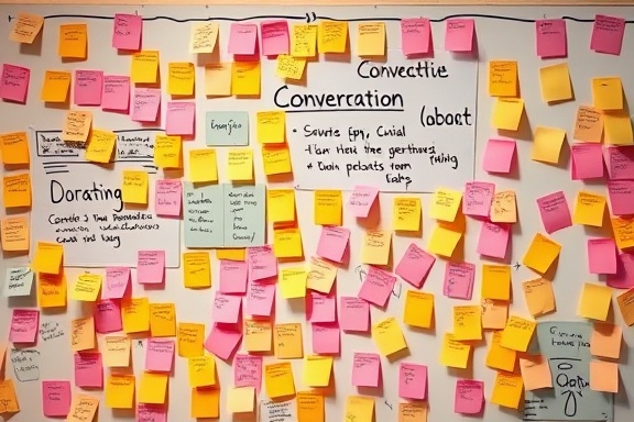 innovative conversion strategies, creative, devising new approaches, photorealistic, brainstorming room filled with post-its, highly detailed, evolving concept maps, 4K, pastel tones, warm studio lighting, shot with a macro lens.
