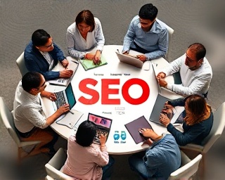 strategic seo optimization meeting, collaborative expression, brainstorming innovative ideas, photorealistic, surrounded by a team around a round table with laptops, highly detailed, interactive display showing traffic sources, premium quality, pastel shades, soft backlighting, shot with a 28mm lens.