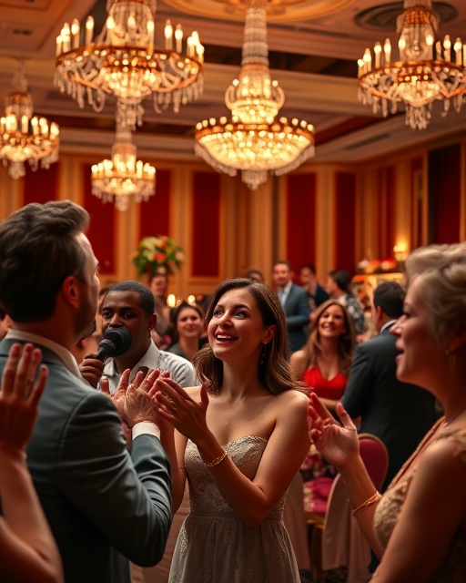 animated engagement events, enthusiastic expressions, guests clapping and cheering, photorealistic, a grand ballroom decorated with elegant chandeliers and flower arrangements, highly detailed, a live band playing in the background, sharp focus, rich golden and red hues, stage lighting, shot with a 50mm lens.