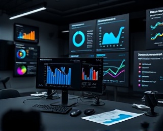 in-depth content analysis, critically dissected, interpreting metrics, photorealistic, tech-savvy office with graphs and analytics dashboards, highly detailed, fluctuating numbers and insights, 4k resolution, monochromatic tones, focused lighting, shot with a 100mm lens.