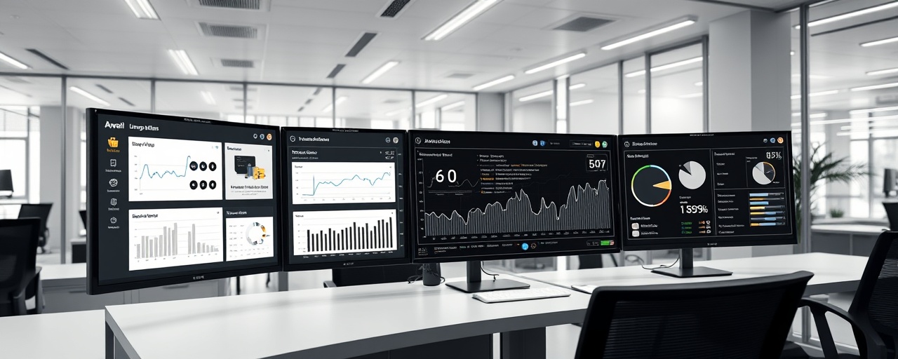 cutting-edge email automation dashboard, intuitive, visualizing data flow, photorealistic, sleek office environment with touchscreens, highly detailed, real-time analytics, crisp definition, monochrome shades, bounced light, shot with a wide-angle lens.