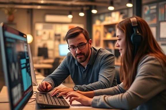 focused agency strategy, confident expression, collaborating with team on digital interface, photorealistic, open-plan workspace filled with futuristic gadgets, highly detailed, animated charts and graphs, crisp clarity, warm earth tones, soft diffused lighting, shot with a macro lens.