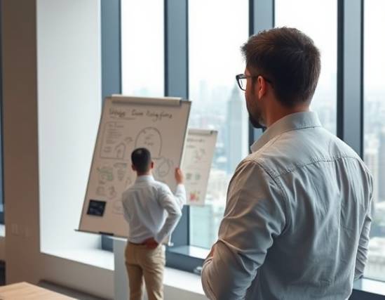 focused marketing strategy planner, contemplative, drafting ideas on a whiteboard, photorealistic, modern conference room with city view, highly detailed, visible city skyline, neutral tones, soft indoor lighting, shot with a wide-angle lens