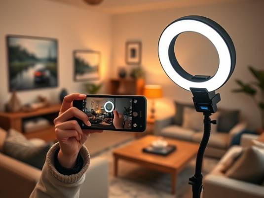 engaging social media influencer, expressive, connecting with followers, photorealistic, cozy living room with modern decor, highly detailed, smartphone and light ring in action, warm hues, ambient lighting, shot with a smartphone camera