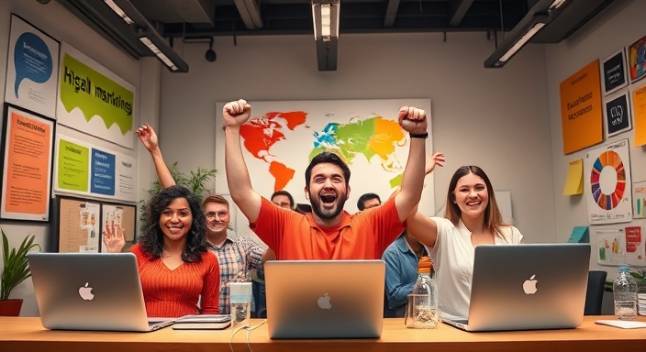 enthusiastic digital marketing team, excited, launching new campaign, photorealistic, high-tech office with colorful diagrams, highly detailed, motivational posters and laptops, bright colors, overhead lighting, shot with a 50mm lens