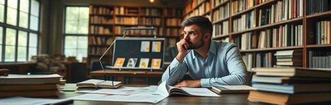 dedicated marketing strategist, pondering, analyzing market trends, photorealistic, quiet library with historical texts, highly detailed, data charts and notes spread on table, muted tones, soft natural light, shot with a telephoto lens