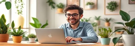 energetic online advertising specialist, animated, discussing with client over video call, photorealistic, home office filled with plants, highly detailed, laptop and notes, pastel colors, diffused lighting, shot with a webcam