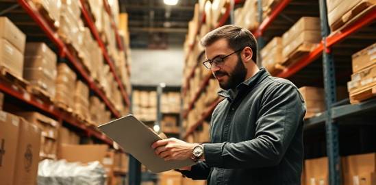 dedicated ecommerce business owner, busy, managing product inventory, photorealistic, warehouse setting with organized shelves, highly detailed, boxes and packaging materials, earth tones, industrial lighting, shot with a zoom lens