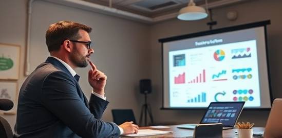 strategic digital marketer, thoughtful, preparing a presentation, photorealistic, professional workspace with a projection screen, highly detailed, graphs and bullet points displayed, neutral tones, focused lighting, shot with a 70-200mm lens