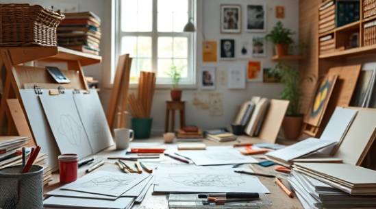 creative online advertising designer, imaginative, crafting ad visuals, photorealistic, artistic studio filled with sketches, highly detailed, color palettes and design software, bold colors, natural diffused lighting, shot with a DSLR camera